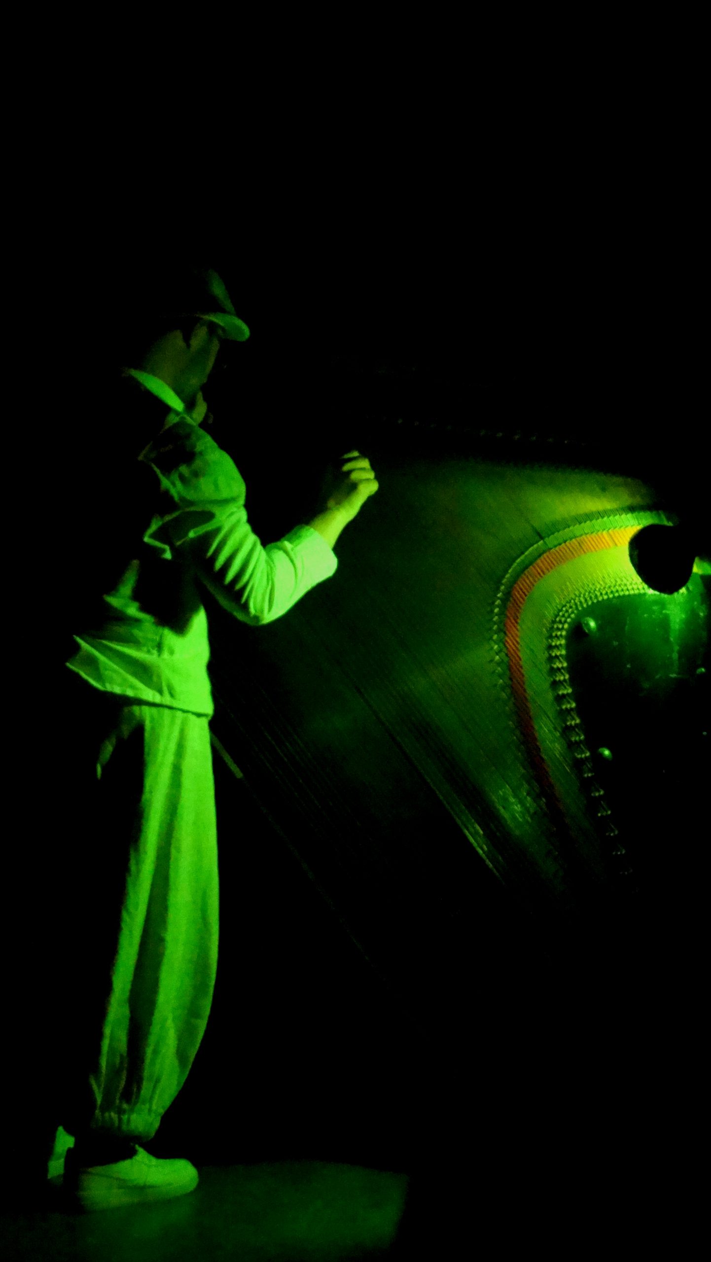 Soirée du 27 novembre, Maxime, jouant des notes de piano debout est mis en lumière par une couleur verte.