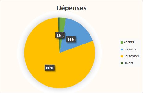 Les dépenses se répartissent comme suit : 1% divers, 3% achats, 16% services, 80% rémunération du personnel.
